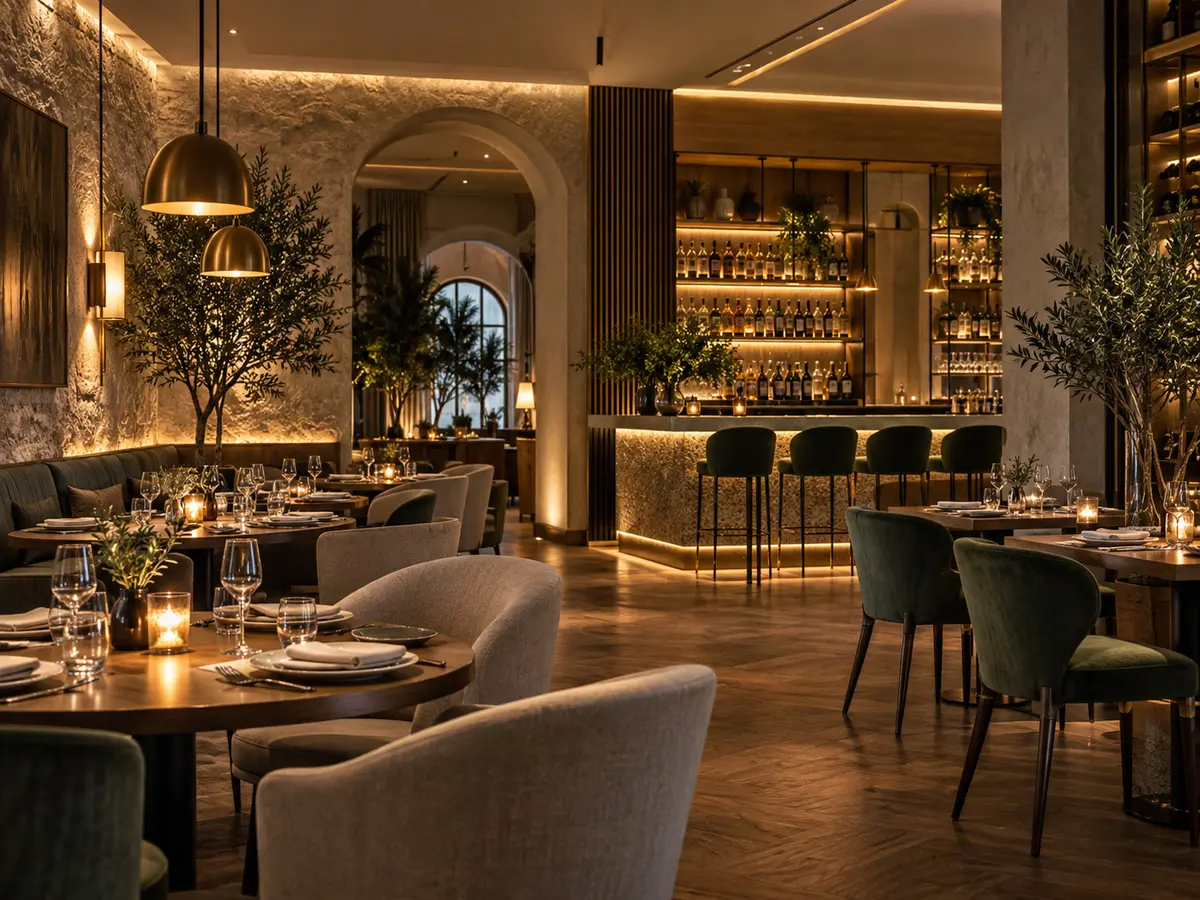 Restaurant avec éclairage décoratif et architectural chaleureux