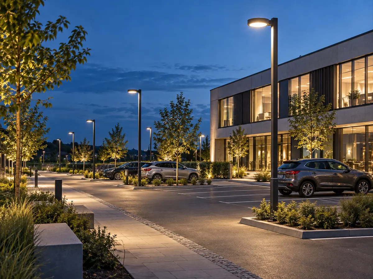 Parking et cheminement extérieur éclairés par des luminaires LED
