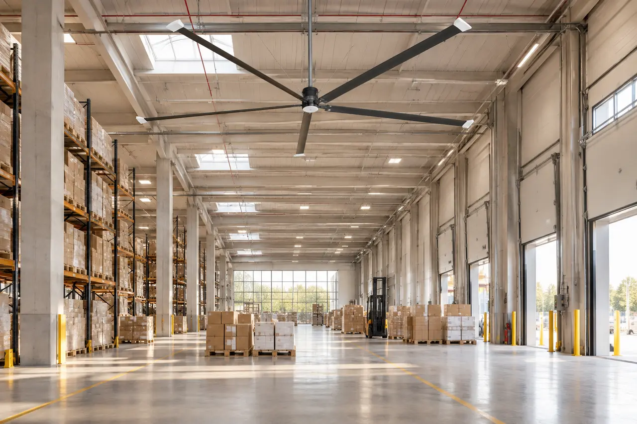 Mise en situation de la gamme HVLS DC grand format par WIXLED
